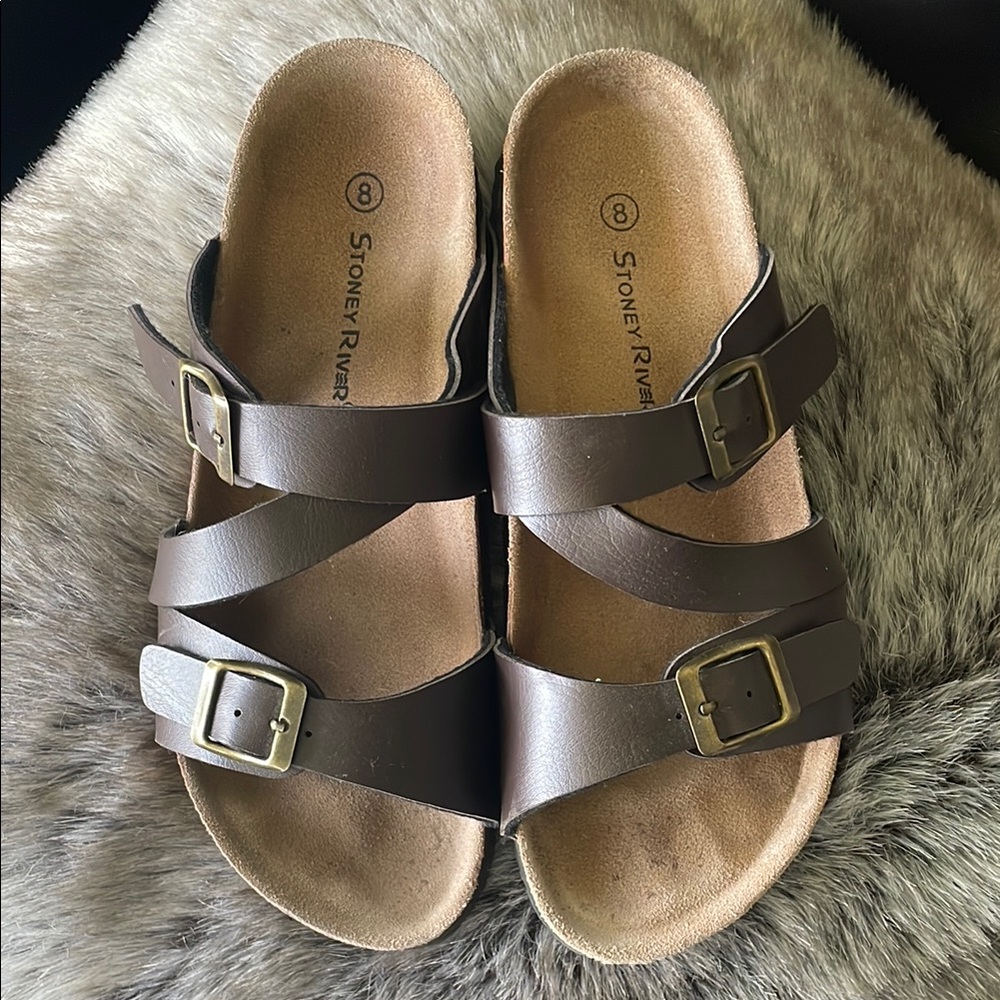 Women’s Brown Two-Strap Slide Comfort Sandals with Adjustable Buckles